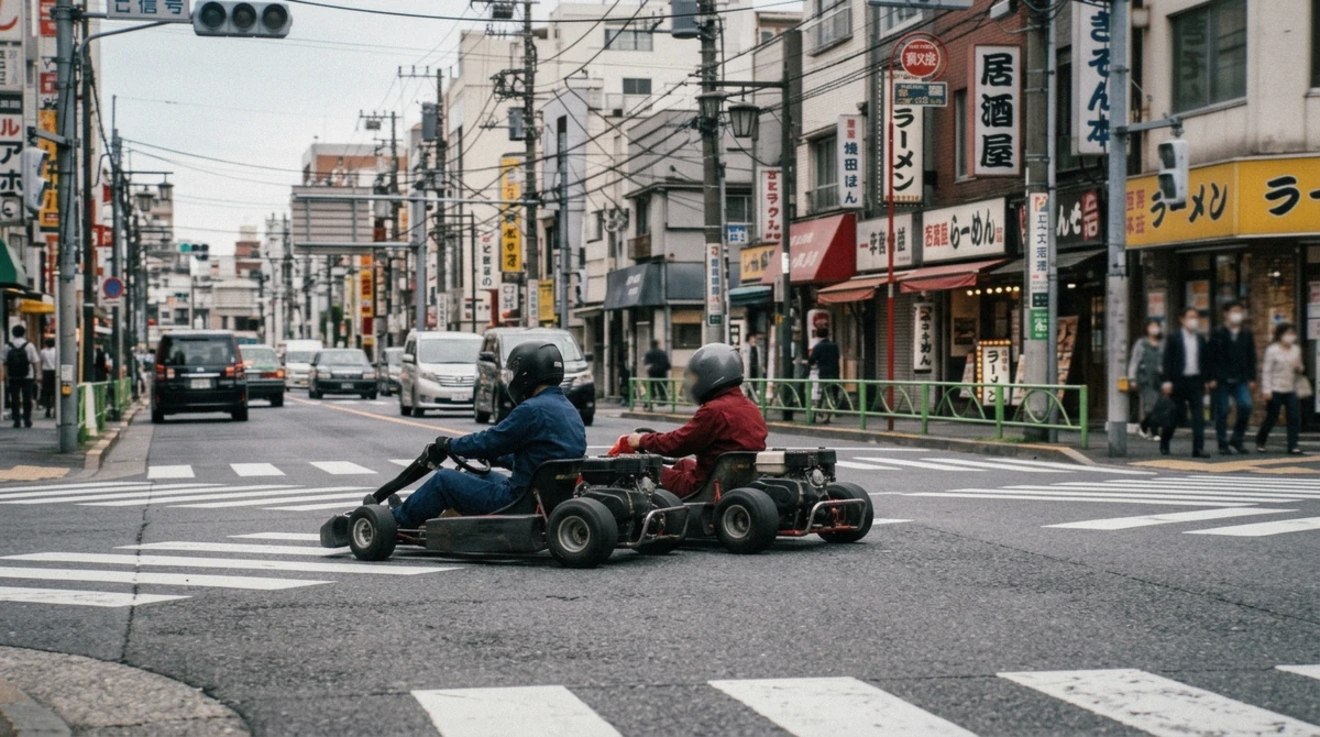 The Shibuya scramble crossing crowds on a Tokyo go-kart route in Shibuya, Japan