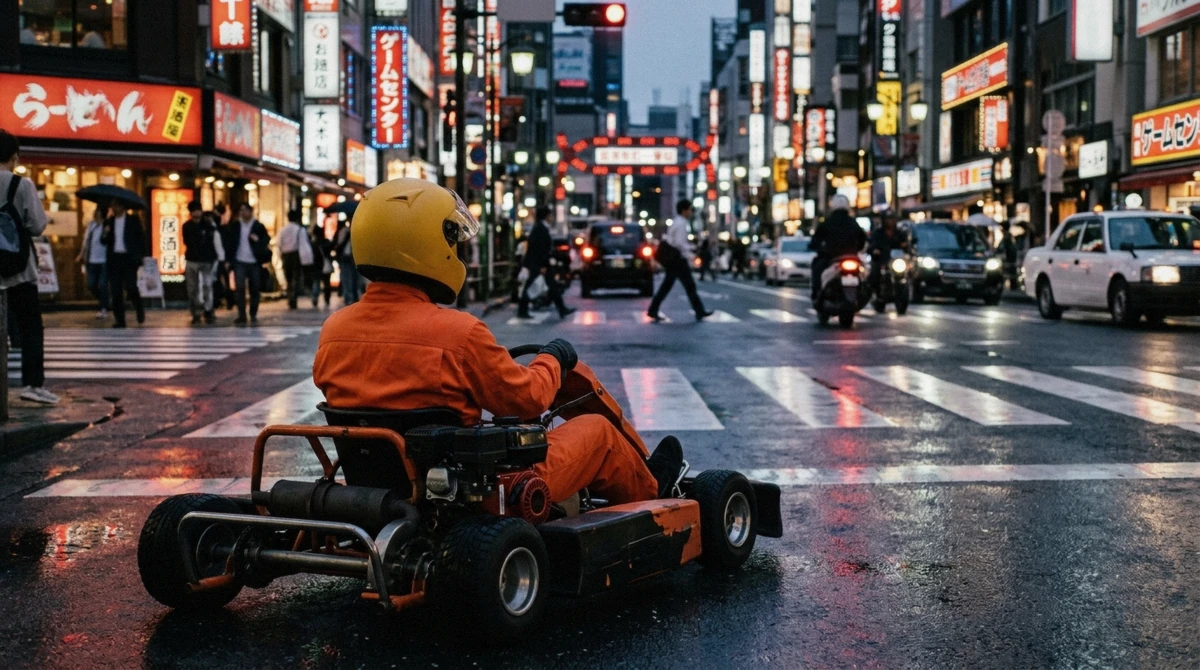 Neon signs over a Tokyo street at night near the go-kart routes in Kabukicho, Shinjuku, Tokyo, Japan