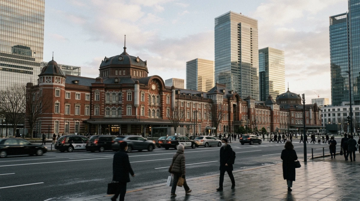 Tokyo Station brick facade near the Akihabara go-kart route in Chiyoda City, Tokyo, Japan