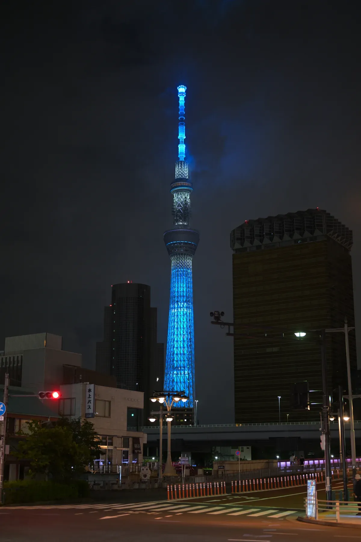 Tokyo Skytree lit at night seen from Asakusa on an evening go-kart route in Tokyo, Japan