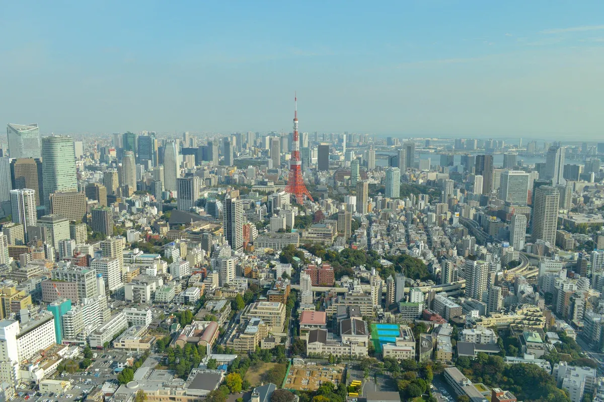 Tokyo Tower seen from the street on the two-hour Tokyo Bay go-kart route in Tokyo, Japan